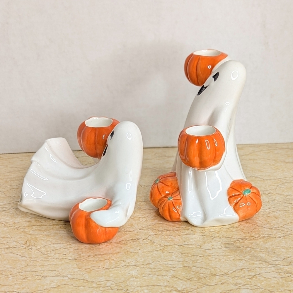 Vintage Fitz & Floyd Halloween Pair Ceramic Candle Holder Ghost Pumpkin Figurine - Picture 4 of 15